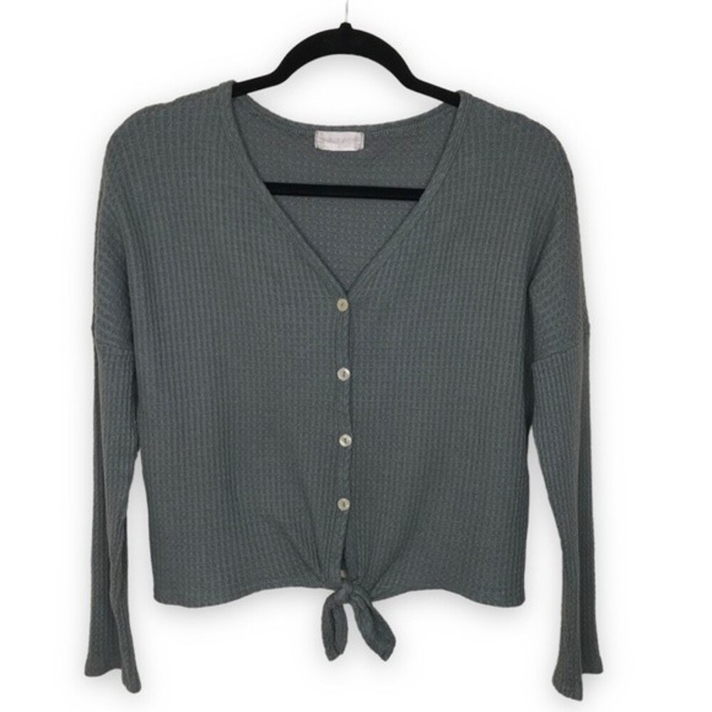 Altar'd State Dreamin' in Thermal Waffle Knit Front Tie Olive Green Size Medium